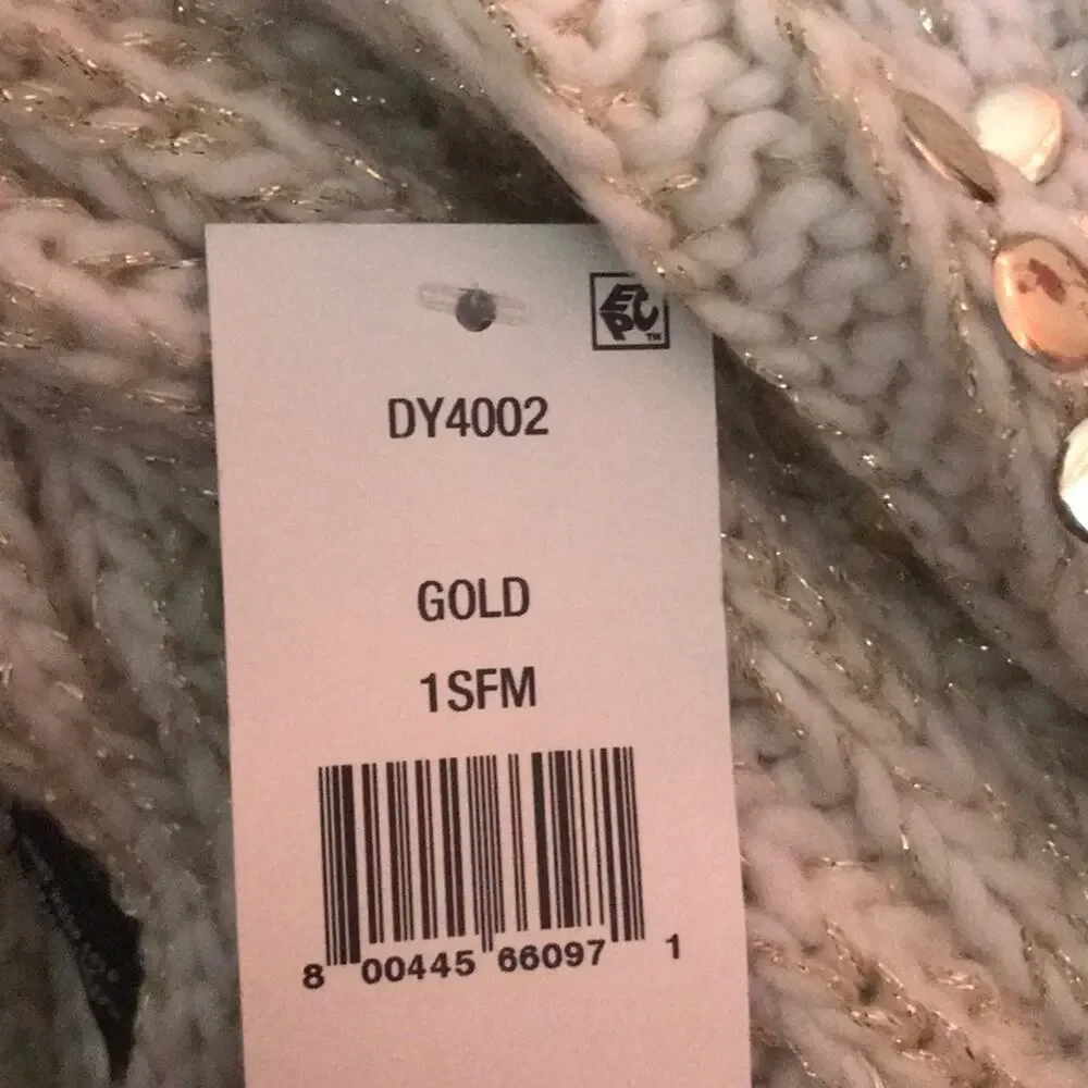 DKNY NEW Chunky Knit Scarf White and Gold Metallic Gold flat studs Crochet Yarn